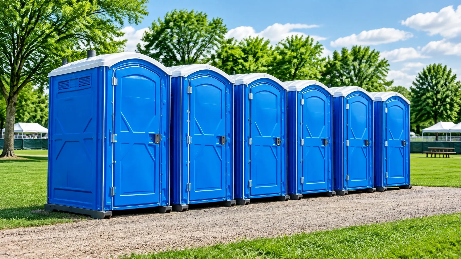 Clean portable toilets set up at an outdoor venue