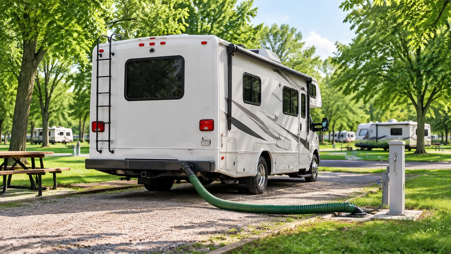 Camper at a tree-lined campground service hookup