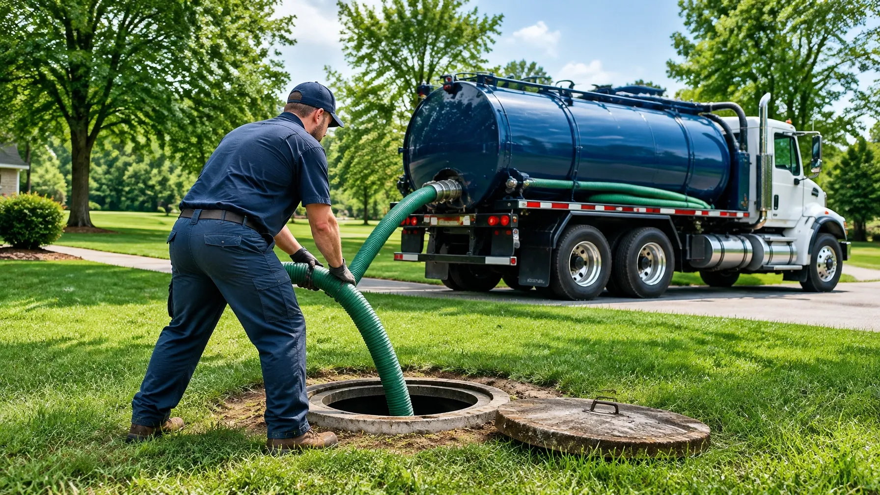 Technician working at a residential septic access point